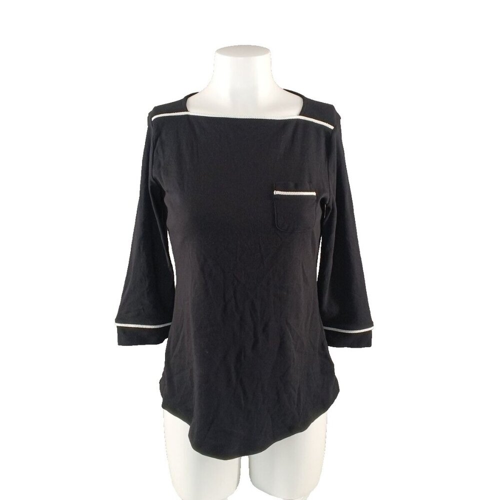 NWT KAREN SCOTT Women Top Petite Medium Black White Cord Cotton Square Neck